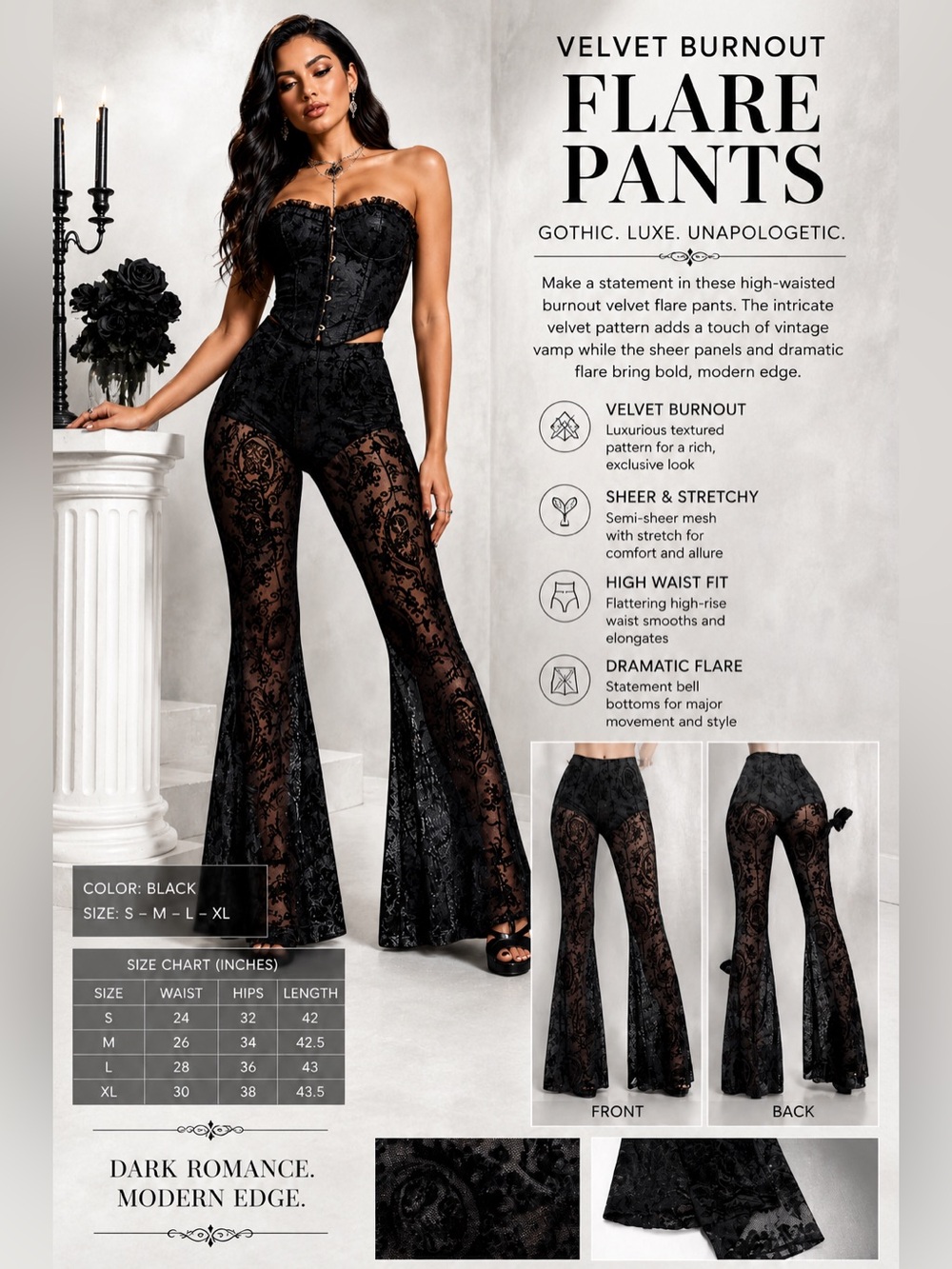 Elegant Black Lace Flare Trousers